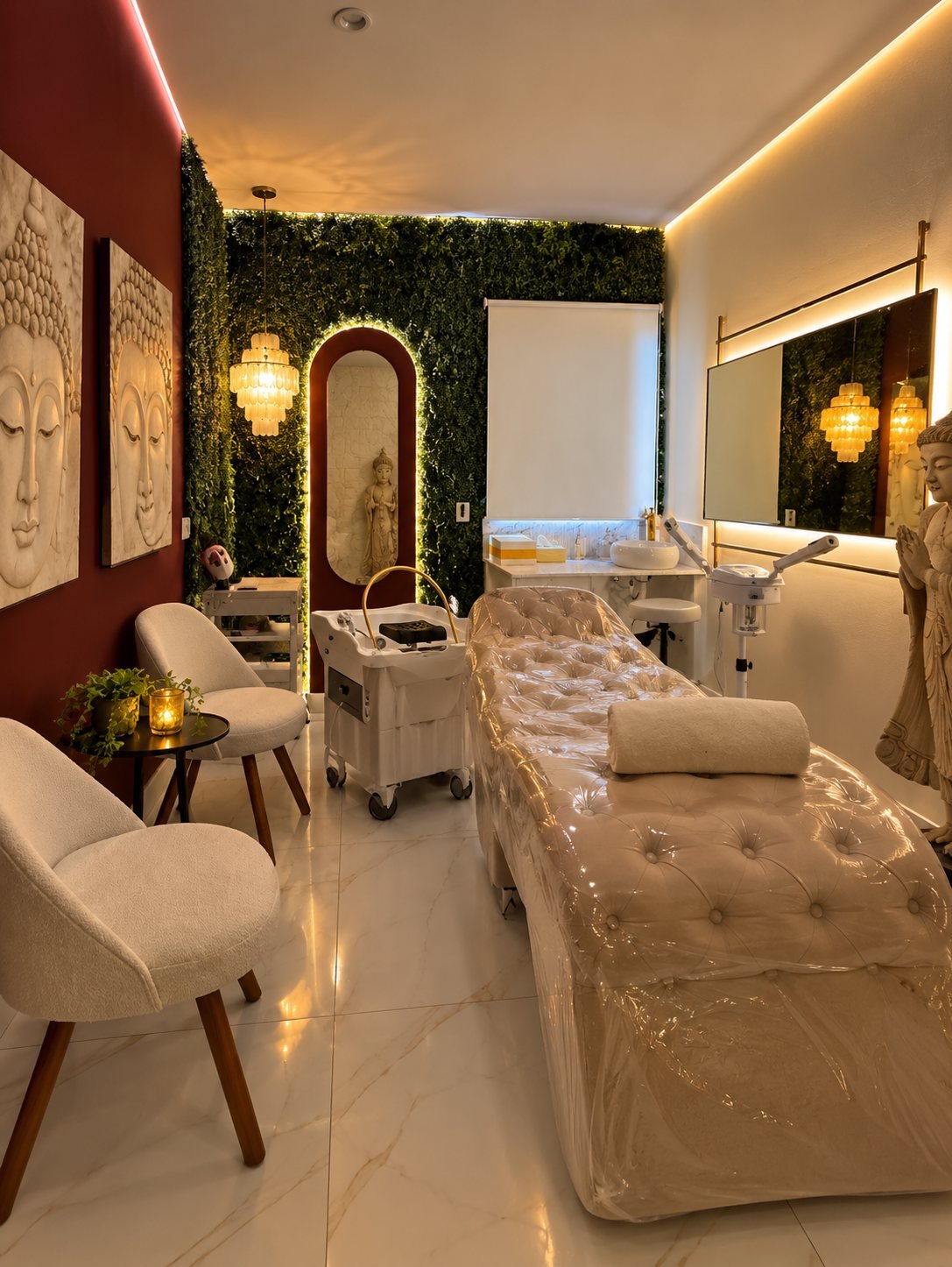 Sala de Head Spa da Clínica Danielle Reimão em Itanhaém — poltrona, bacia e ambiente em tons de vinho e verde